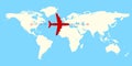 Airplane path over World map with plane icon. Air travel concept. Vector illustration Royalty Free Stock Photo